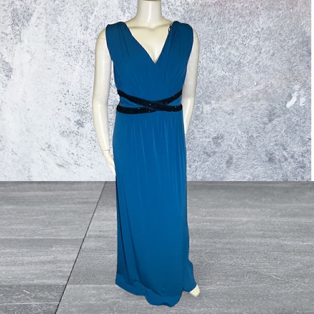 Sangria Cobolt Blue Jeweled Waist VNeck Gown